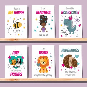 32 tarjetas imprimibles de afirmaciones positivas para niños para la confianza en uno mismo y la gratitud. Diseños divertidos, brillantes y atrevidos. Tarjetas para lonchera.