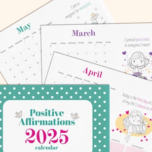 Kalender 2025 mit Positiven Affirmationen & Intentionen. Druckbare PDF Datei zum selbst ausdrucken. Mindful Planer für ruhige geistige Gesundheit.