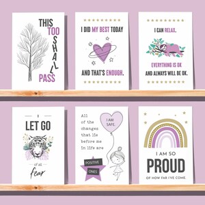 39 tarjetas de afirmación de ansiedad para afrontar el estrés. Afirmaciones positivas imprimibles. Indicaciones del diario. Frases alentadoras para el amor propio.