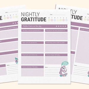 Diario nocturno de gratitud. Hojas de trabajo diarias imprimibles. Rutina de reflexión nocturna. Indicaciones para llevar un diario de agradecimiento.