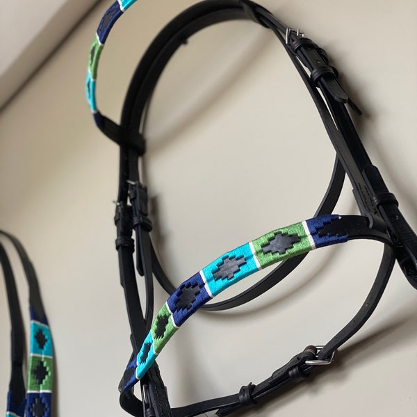 Customized Blueberry And Lime- Fancy Blue And Green Stitch Warmblood English Horse Bridle And Reins