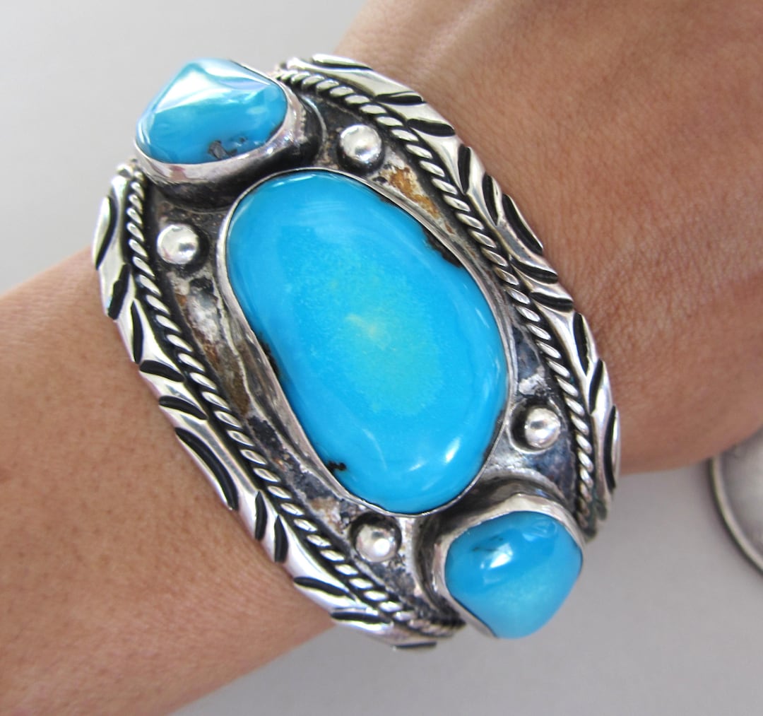 Vintage Blue Turquoise Navajo Sterling Silver 6.5" Bracelet Cuff 60.4 ...