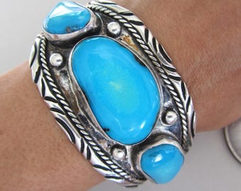 Vintage Blue Turquoise Navajo Sterling Silver 6.5" Bracelet Cuff 60.4 grams