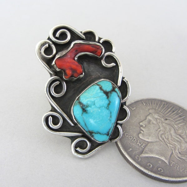 2" LARGE Navajo Blue Turquoise Red Branch Coral Rustic Vintage Filigree Sterling Silver Ring 18.1 grams