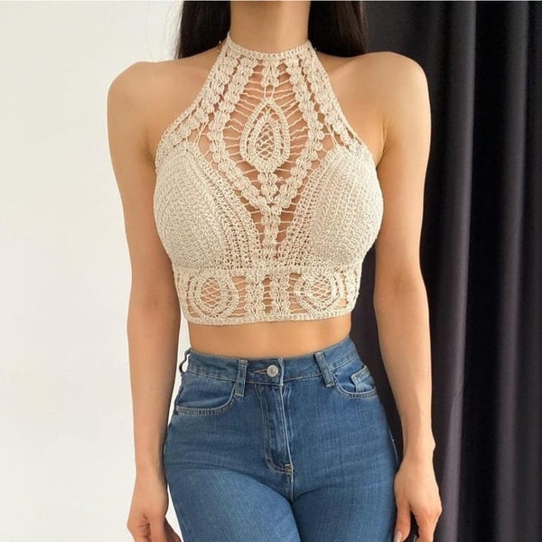 Halterneck Crochet Knit Crop Top,Summer Crochet Bustier,Boho Crop Top