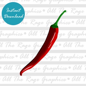 May include: A red chili pepper with a green stem. The chili pepper is on a white background with a repeating pattern of the text "All The Rage Graphics".