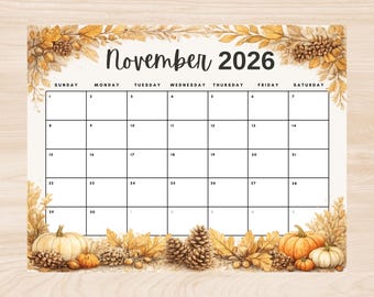 November 2026 Printable Monthly Calendar | Instant Digital Download | PDF JPG JPEG