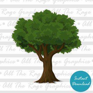 May include: A cartoon illustration of a large, green tree with a brown trunk and branches. The tree is set against a white background with a repeating pattern of gray stripes.