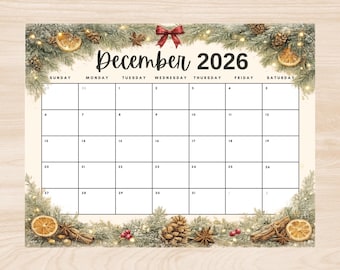 December 2026 Printable Monthly Calendar | Instant Digital Download | PDF JPG JPEG