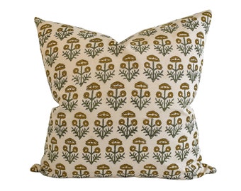Indian Block Print Pillow Cover - Olive, Sage, Ochre