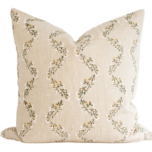 Indian Block Print Pillow Cover - Faded Gold, Olive, Ivory Scalloped Florals
