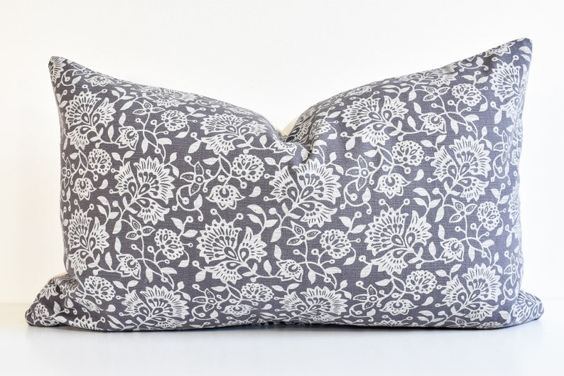 Hmong Floral Block Print Pillow Cover Blue Gray image 7