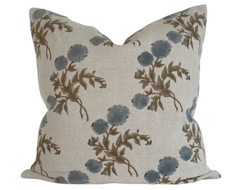 PRE-ORDER- Indian Block Print Pillow Cover - Natural, Slate Blue, Olive Brown Floral