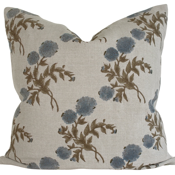 PRÉ-COMMANDE - Housse de coussin à imprimé indien - Naturel, bleu ardoise, floral brun olive