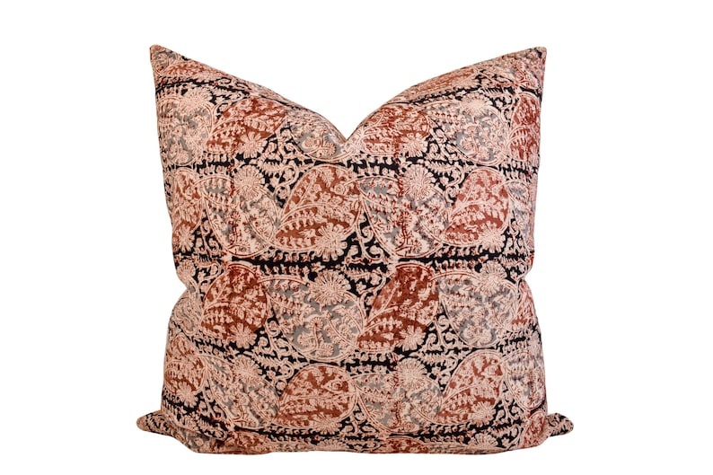 Indian Block Print Pillow Cover Black, Rust, Terra Cotta, Gray image 1