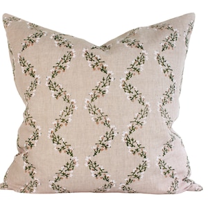 Indian Block Print Pillow Cover - Faded Blush, Olive, Ivory Scalloped Florals
