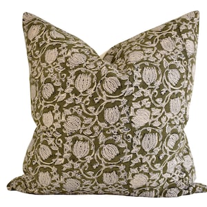 Indian Block Print Pillow Cover - Olive and Natural