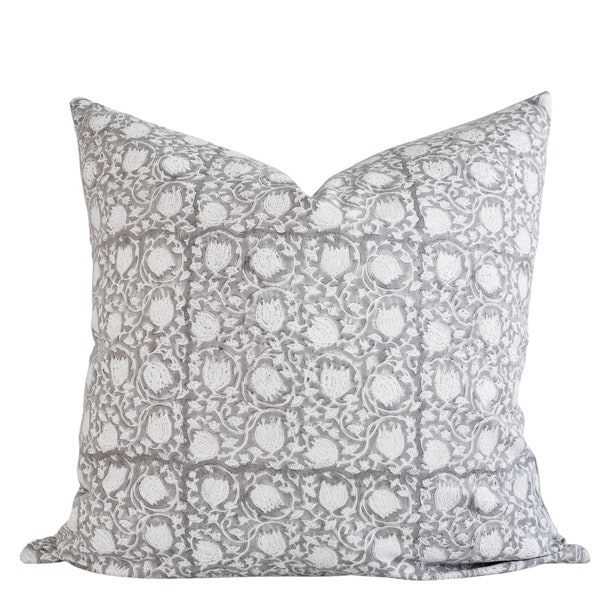 Indian Block Print Pillow Cover - Gray and Ivory