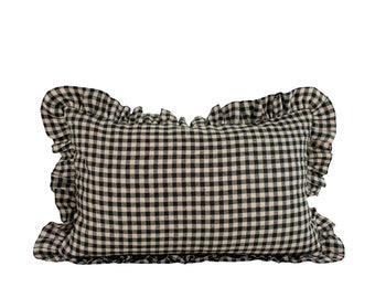 Ruffle Edge Linen Lumbar Pillow Cover - Beige and Black Gingham