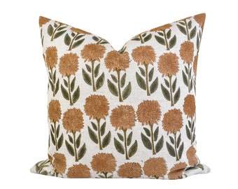 Indian Block Print Pillow Cover - Faded Peach and Olive Floral