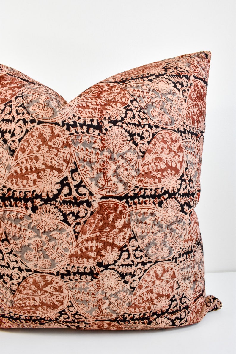 Indian Block Print Pillow Cover Black, Rust, Terra Cotta, Gray image 3