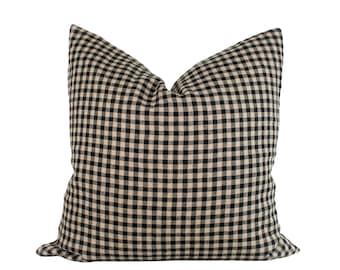 Linen Pillow Cover - Beige and Black Gingham