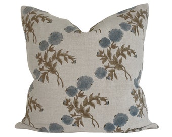 Indian Block Print Pillow Cover - Natural, Slate Blue, Olive Brown Floral