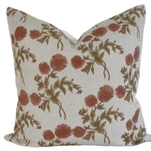 Indian Block Print Pillow Cover - Natural, Rust, Olive Brown Floral