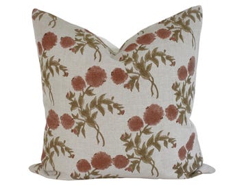 Indian Block Print Pillow Cover - Natural, Rust, Olive Brown Floral