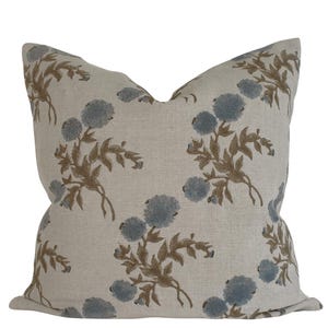 Indian Block Print Pillow Cover - Natural, Mushroom, Flax, Slate Blue, Olive Brown Floral