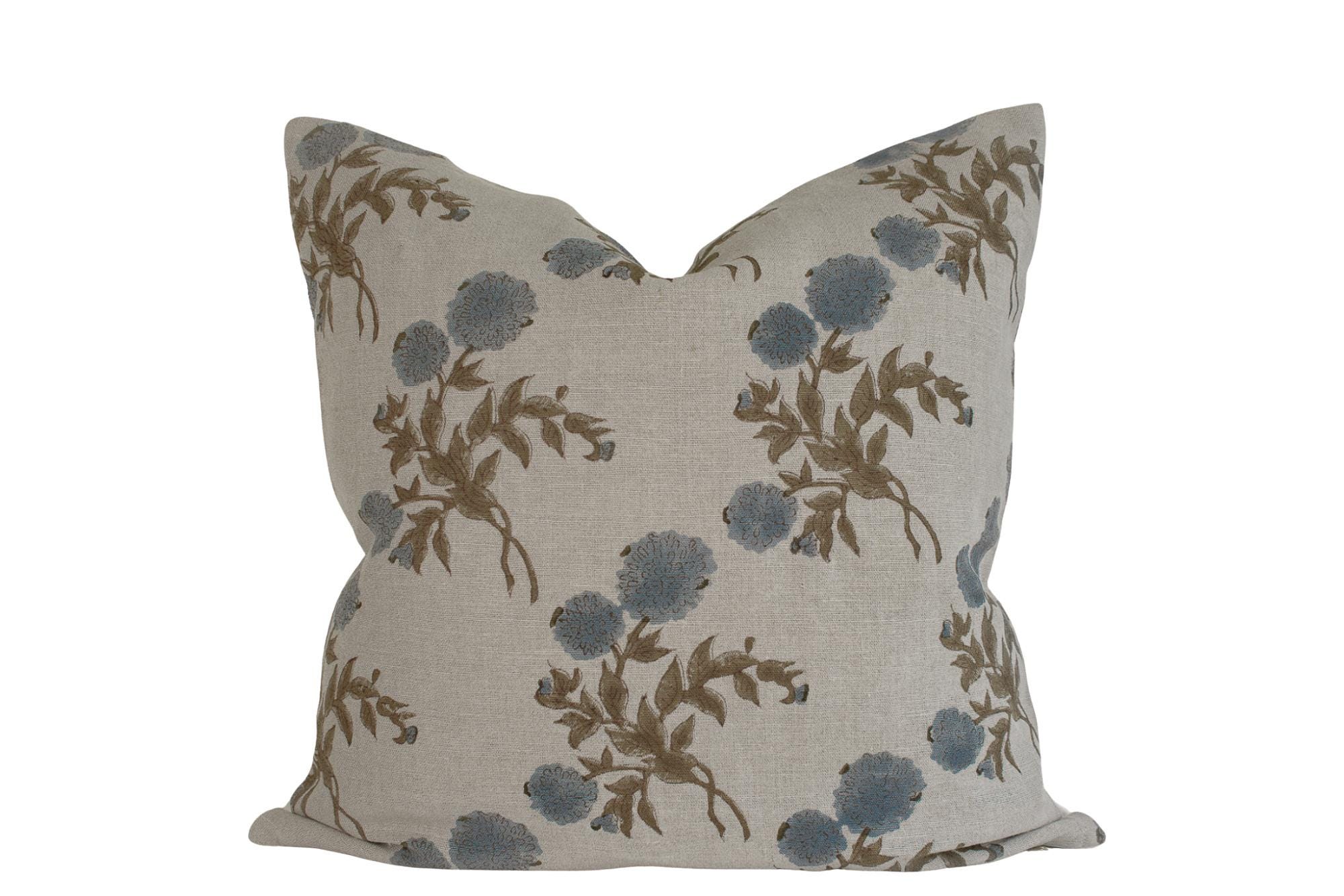 Indian Block Print Pillow Cover - Natural, Mushroom, Flax, Slate Blue, Olive Brown Floral