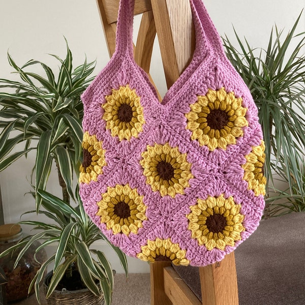 Sunflower Crochet Bag in pink, blue, purple, green, cream, brown, black or orange.