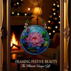 Pink Lotus Flower Suncatcher – Round Acrylic Window Hanging with Glass Crystals, Stained Glass Effect Spiritual Home Decor Birthday Gift Her