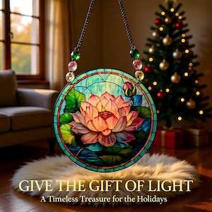 Pink Lotus Flower Suncatcher – Round Acrylic Window Hanging with Glass Crystals, Stained Glass Effect Spiritual Home Decor Birthday Gift Her