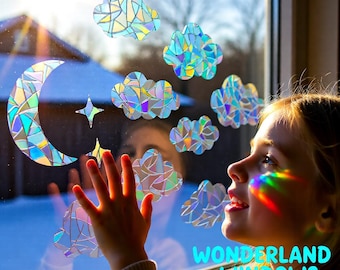 8 Clouds 1 Moon 2 Mini Stars Rainbow Suncatcher Sticker Sun Catcher Window Film Decal Car Birthday Gift Her Stickers Ornament Room Decor
