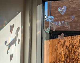 Dog Dachshund Pet Hearts Rainbow Suncatcher Sticker Window Film Decal Memorial Gift Sun Catchers Prism Light Catcher Car Ornament Room Decor