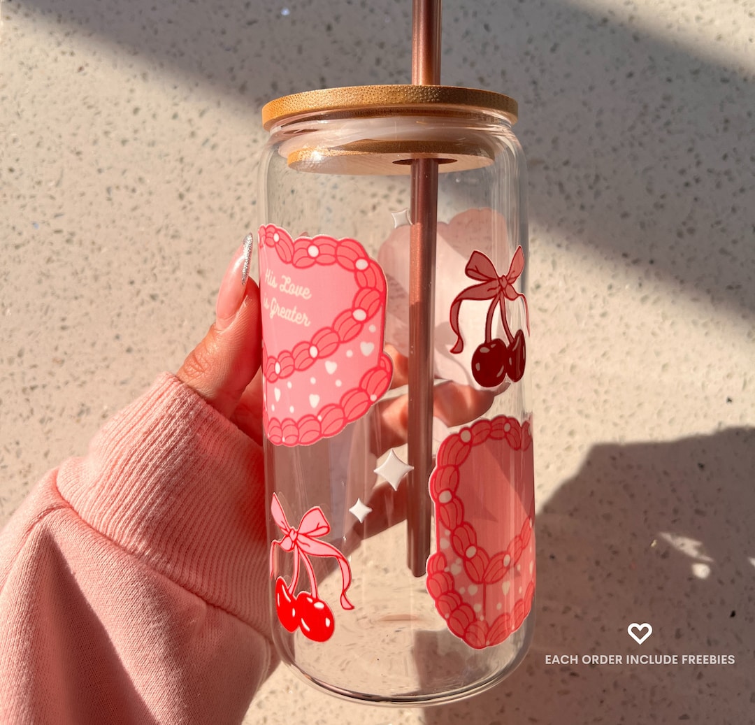 Pink Bow Glass Cup – Coquette Cherry Heart Coffee Glass Can - Etsy