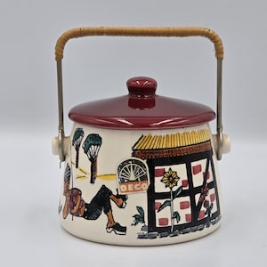 Vintage DECO Hälsingborg Keramikburk av Georg Wide | 1950-talets mitten av 1900-talets svensk folkkonst syltkruka med rottinghandtag |