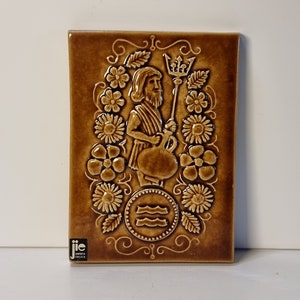 May include: A brown ceramic tile with a raised image of the Aquarius zodiac sign. The tile features a person holding a pitcher and a trident, surrounded by flowers. The tile is signed "JIE" in the bottom left corner.