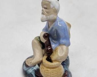 Statuette Chinoise Ancienne - Pêcheur Sage En Terre Cuite / Porcelaine - Marqué CHINE - Antiquité