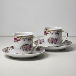 Vintage Limoges Porcelain Cups and Saucers – Decor A La Main – Set of 2