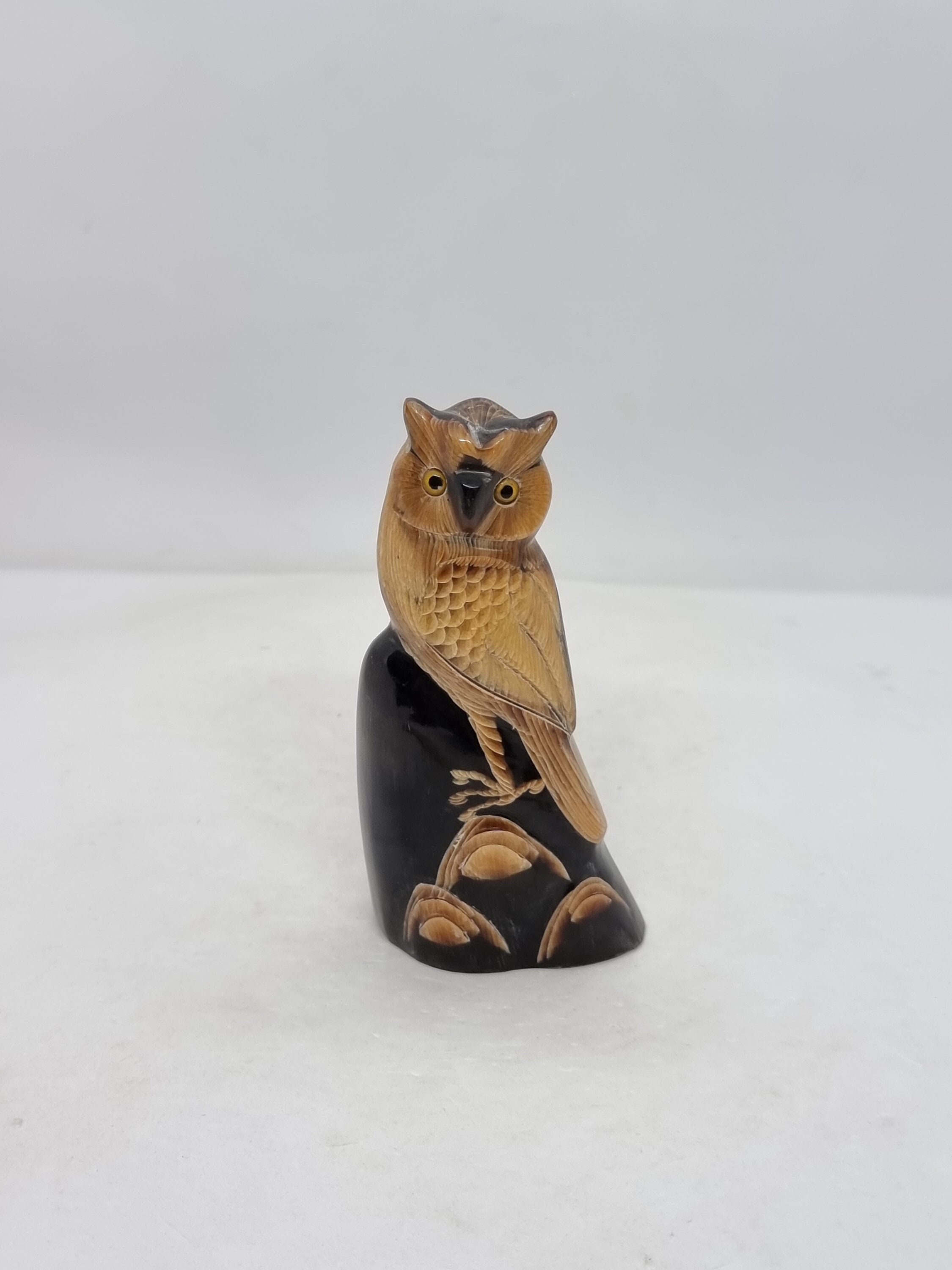 Vintage Hand Carved Buffalo Horn Owl Sculpture | Made in Thailand |