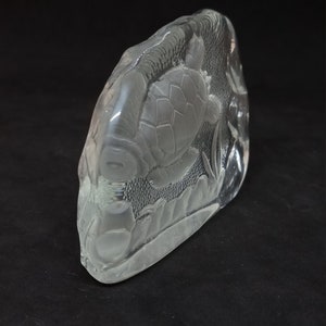 May include: A clear glass sculpture with a detailed relief of a turtle swimming amongst aquatic plants. The sculpture has a rounded, irregular shape against a dark background. The turtle's shell and the plants are intricately carved.