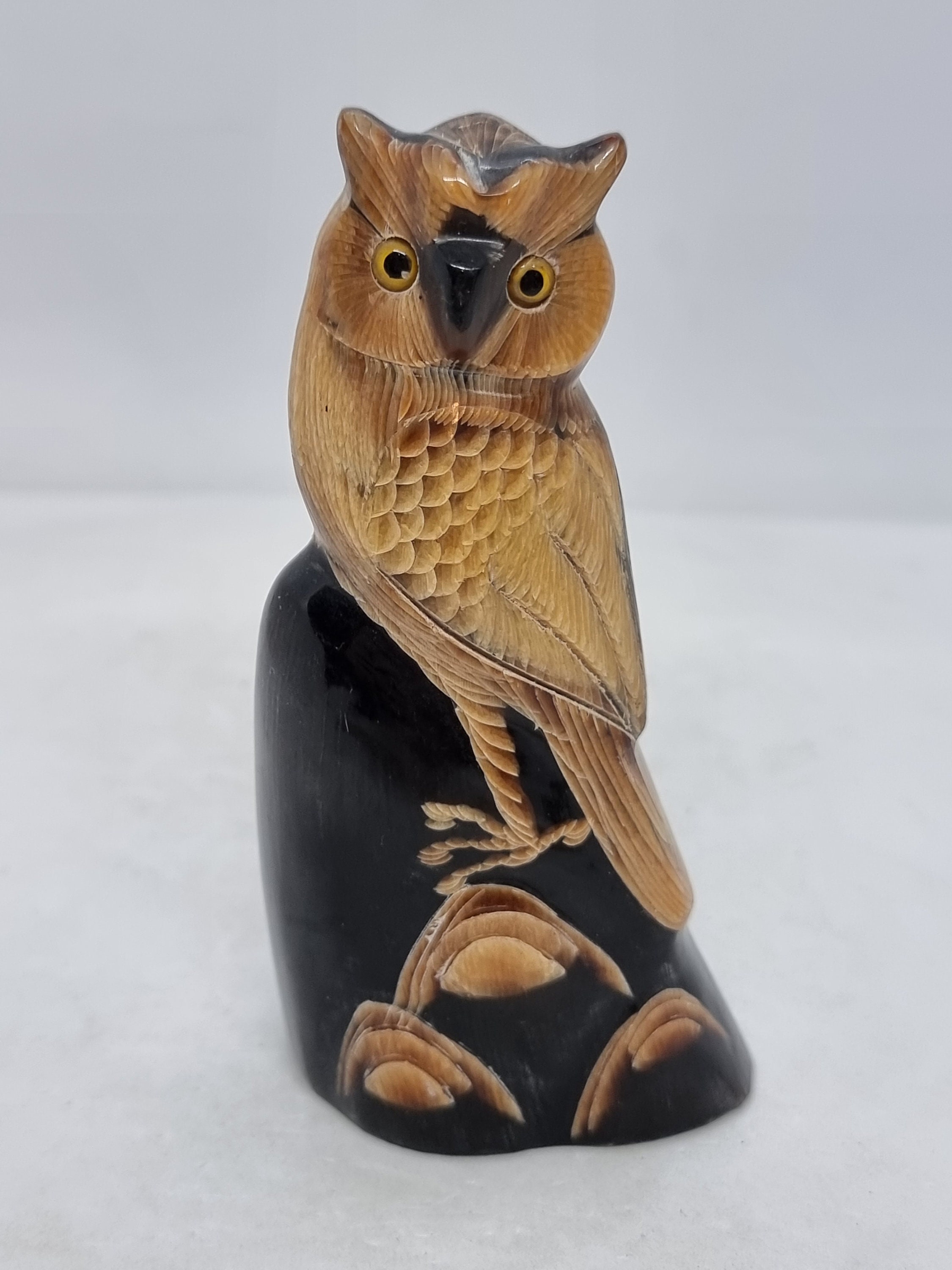 owl様用 Vintage Hand Carved Buffalo Horn Owl Sculpture | Made in Thailand