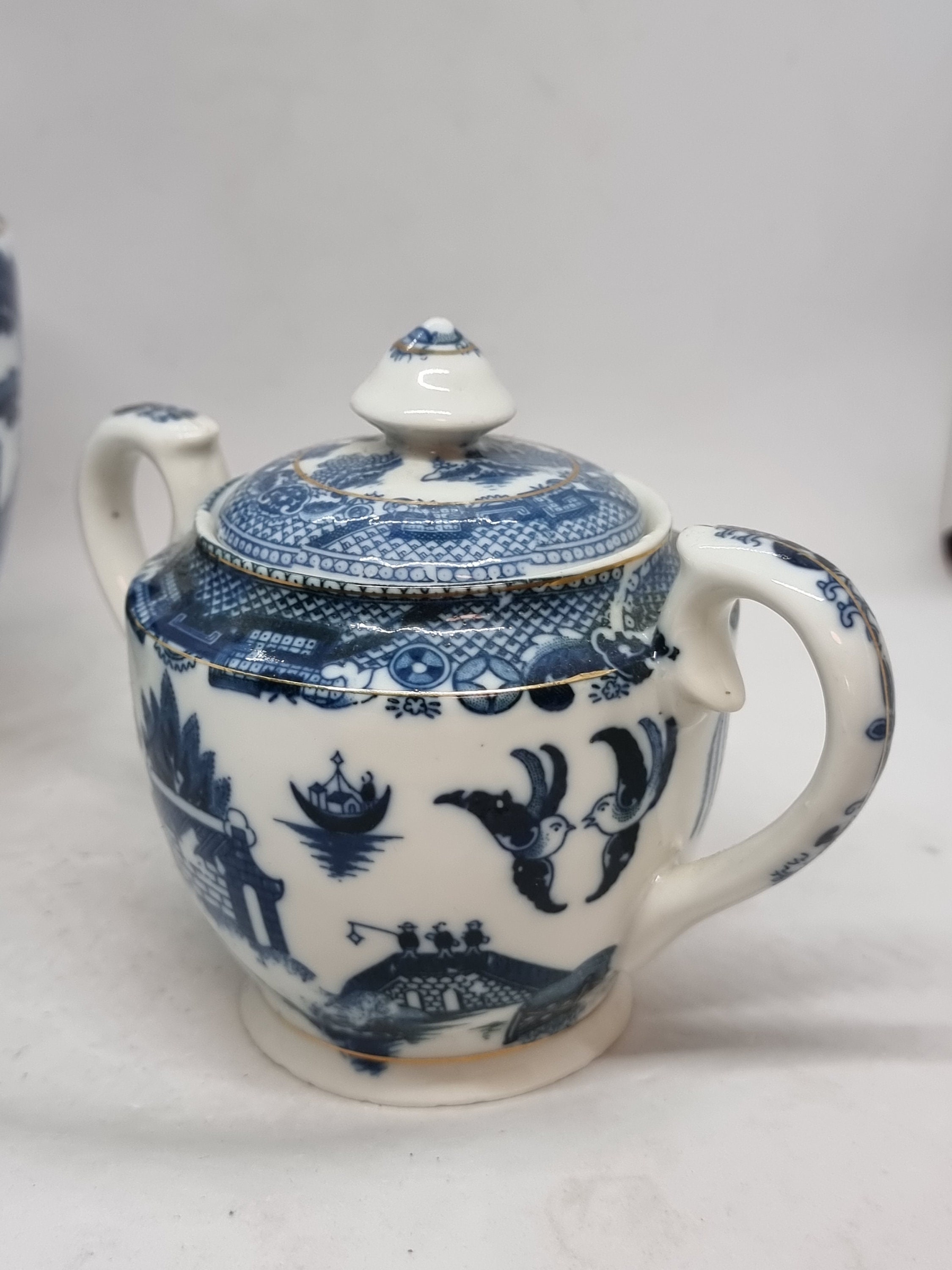 Blue Willow Dishes, Unique Teapot, Delft Blue, Calamityware :Things Could Be Worse Porcelain Chinaware, Antique Art Mugs, Teapot+Sugar & Creamer+4