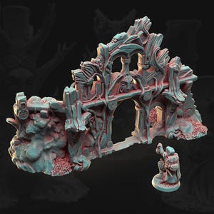 May include: A miniature tabletop gaming terrain piece featuring a weathered stone archway overgrown with sculpted vines and roots, colored in teal and reddish-brown. A small, hooded figure stands in front of the archway, holding a lantern.