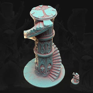 May include: A light blue, cylindrical tower structure featuring a spiral staircase wrapping around its exterior. The top platform displays an etched tree design, while the base and middle sections are decorated with carved face motifs and patterns.