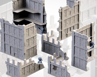 Terreno disperso de ruinas urbanas: edificios modulares destruidos para juegos de rol de mesa, juegos de guerra postapocalípticos y D&D.
