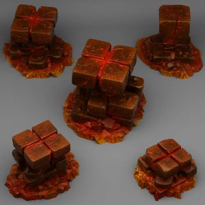 May include: Five brown, cube-shaped structures with a fiery red glow emanating from their centers. The cubes are stacked on top of each other, and rest on a base of orange and yellow rock formations. The overall theme is fantasy.