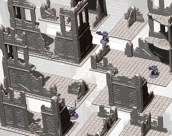 Terreno disperso de ruinas urbanas: edificios modulares destruidos para juegos de rol de mesa, juegos de guerra postapocalípticos y D&D.